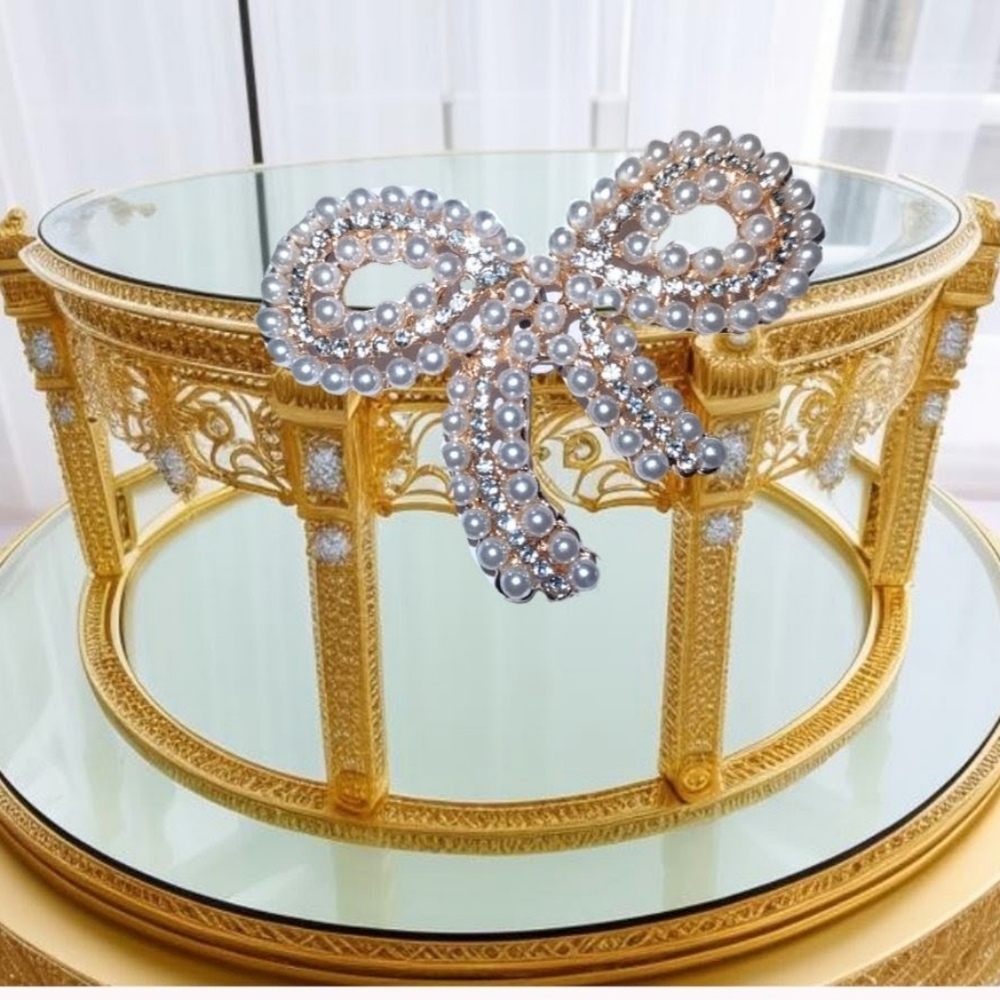 Pearl & Crystal Bow Brooch Gold Alloy Metal